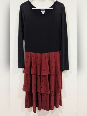 LuLaRoe Black & Burgundy Polka Dot Tiered Long-Sleeve Dress